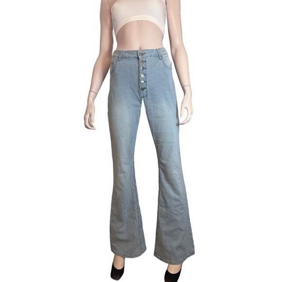 Fashion Nova Pin Me Down Stripe Flare Jeans High Waist Bell Bottom Button Fly - Picture 2 of 14